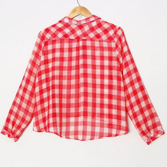 Free People Red Gingham Plaid Semi Sheer Flowy Button Front Shirt Size S Airy - Picture 7 of 15